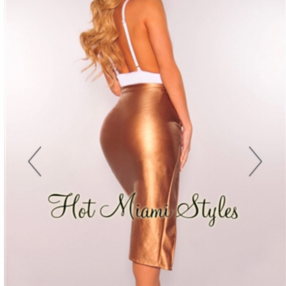 Bronzed metallic leather slit skirt